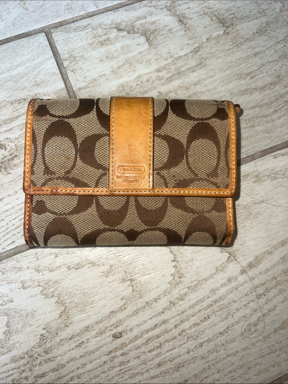 Coach Brown Signature Canvas Trifold Wallet with Tan Trim